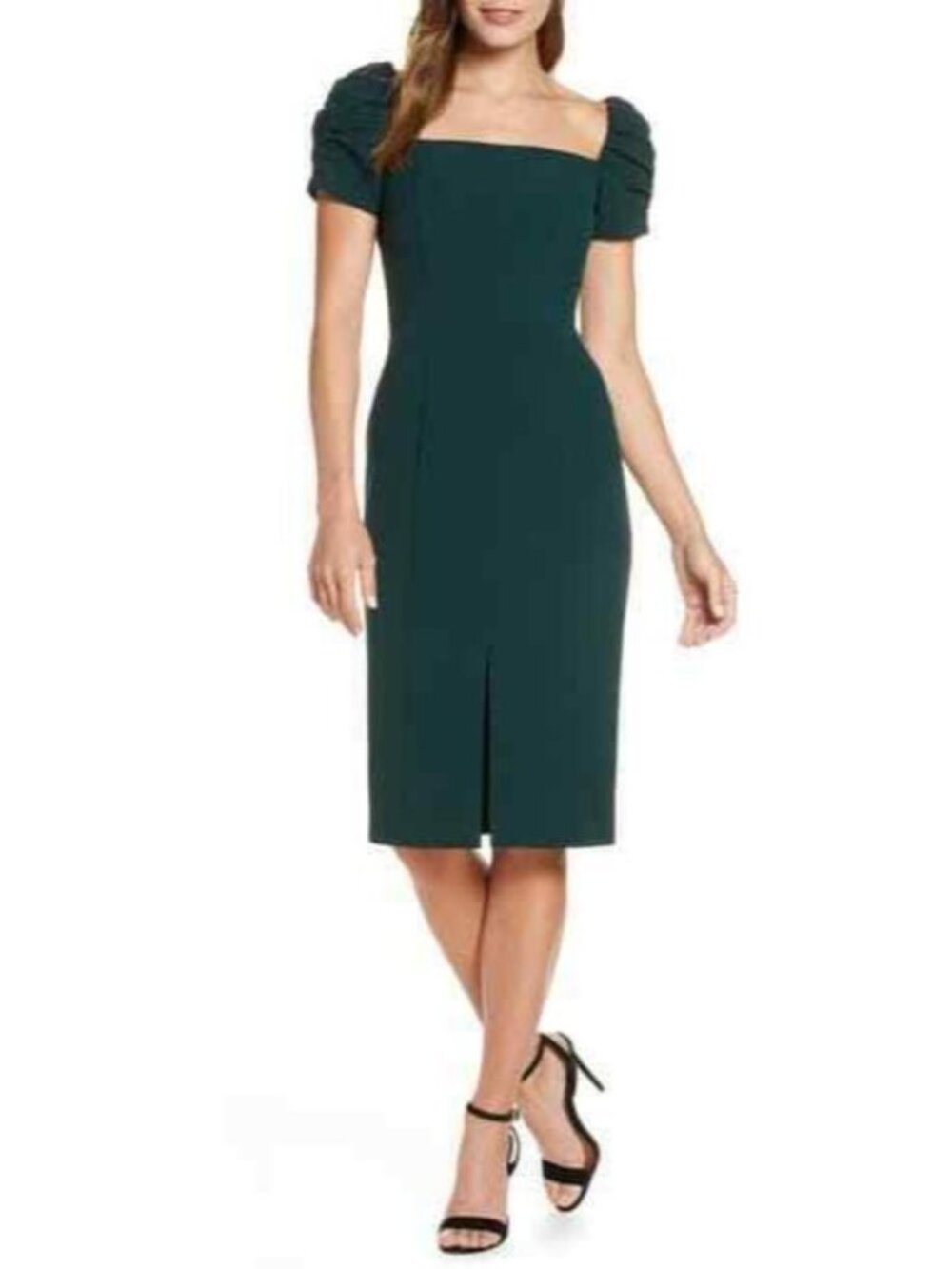 Eliza J. Emerald Green Puff Sleeve Square Neck Sheath Midi Dress Size 0 Petite